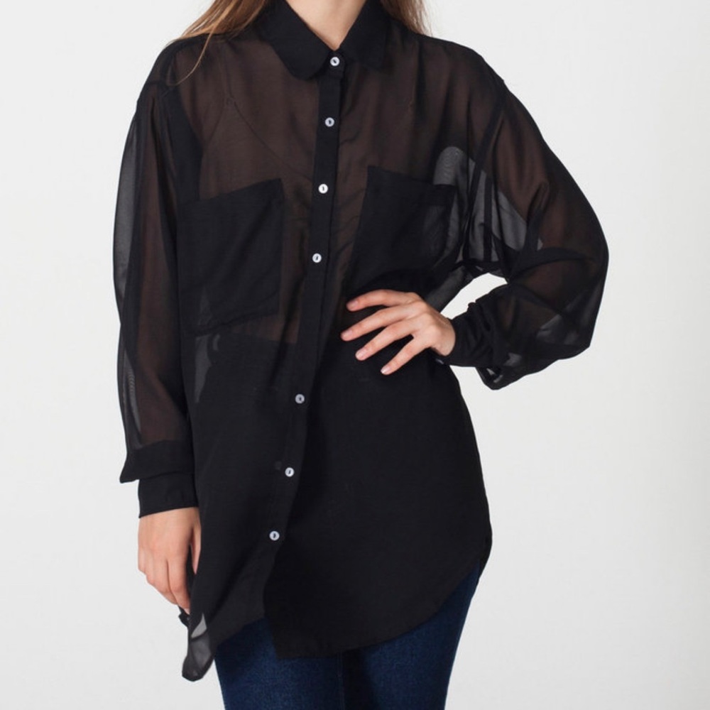 American Apparel Oversized Chiffon Button Up - black and beige collar & cuff